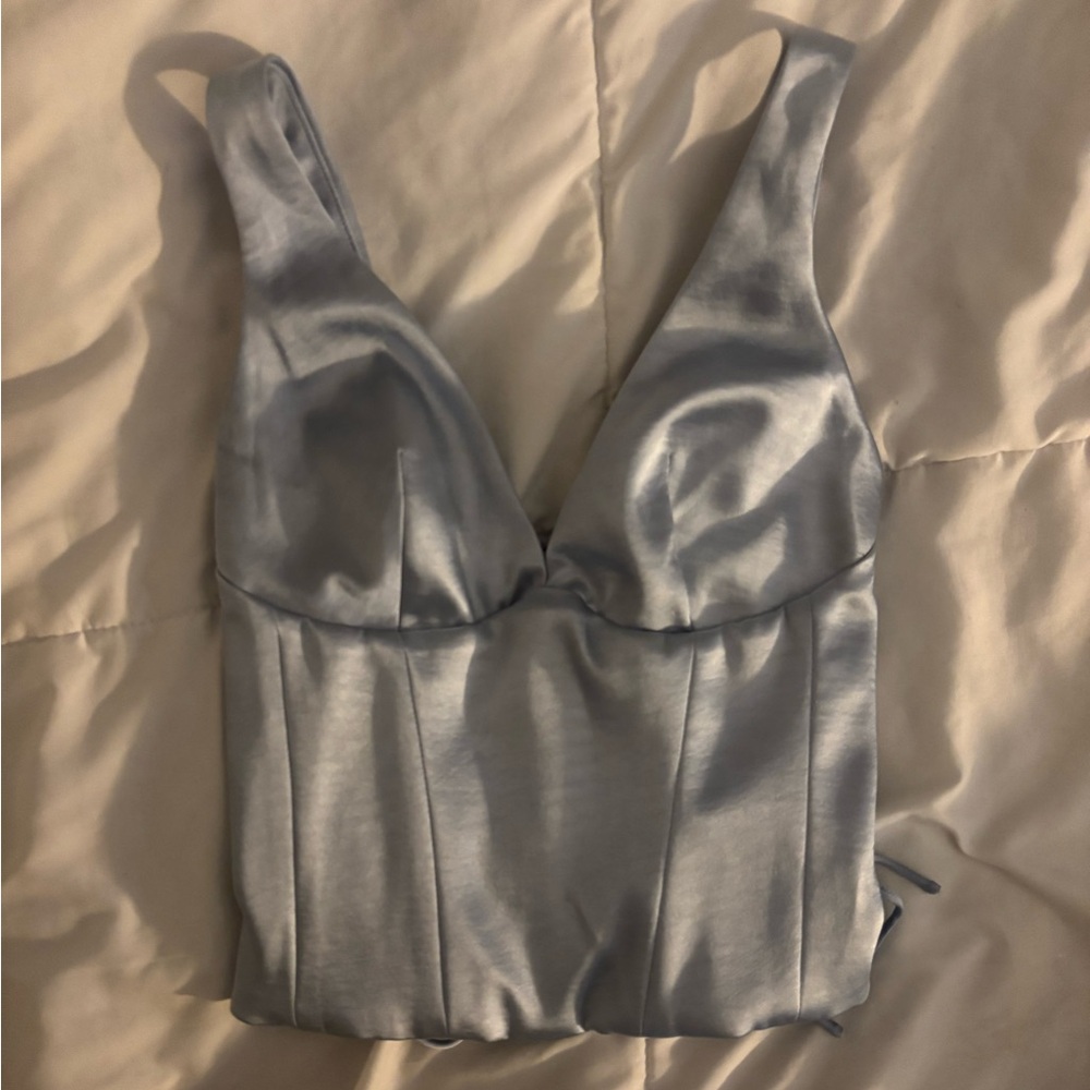 Oh Polly Lace-up Corset Sleek Blue Satin Top